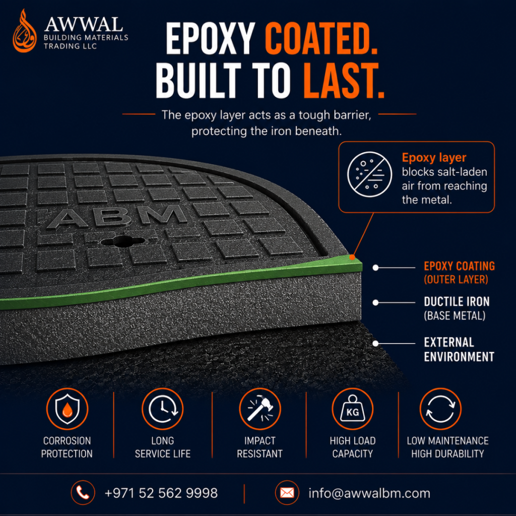 Cutaway diagram showing epoxy coating barrier layer on ductile iron manhole cover blocking salt air corrosion at frame joint