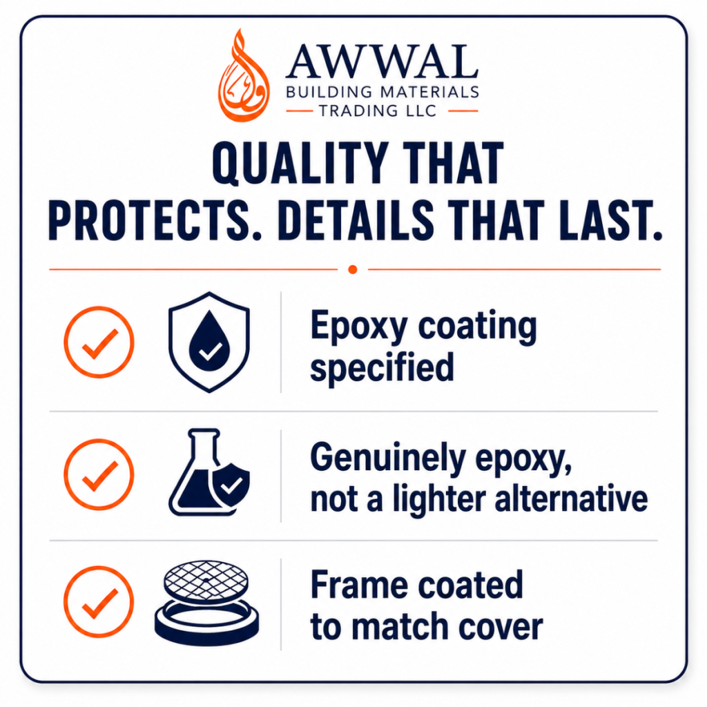 Checklist for specifying epoxy coated manhole covers in UAE coastal projects covering coating type and frame protection