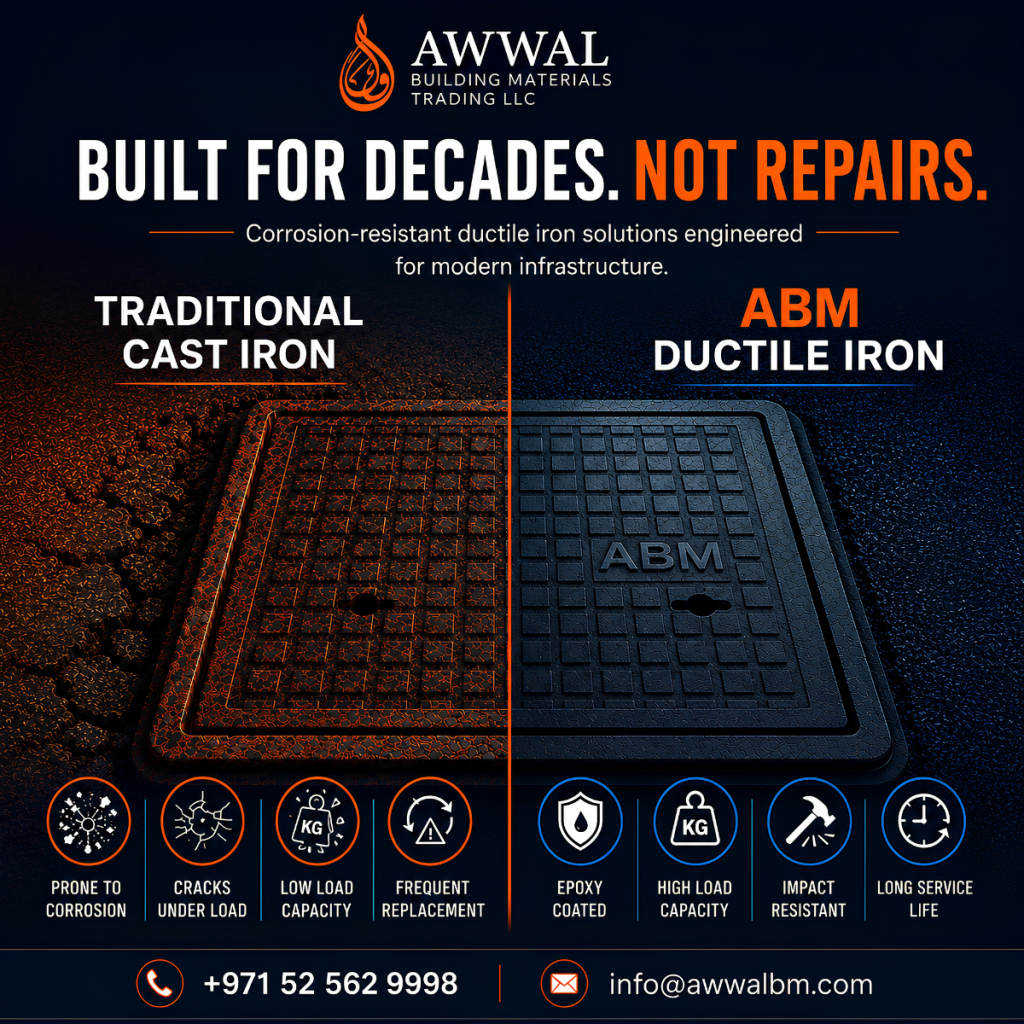 Split comparison of corroded uncoated manhole cover next to epoxy-coated ductile iron manhole cover showing UAE coastal corrosion difference