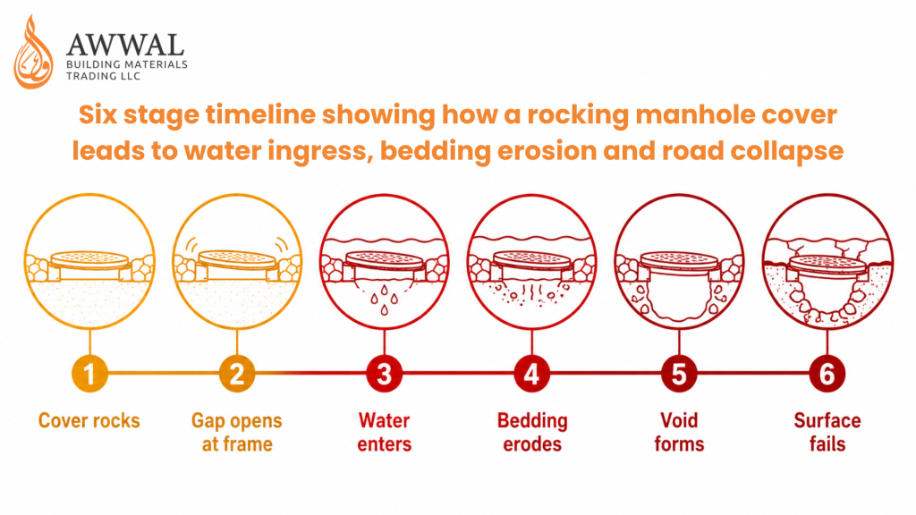 Six stage timeline showing how a rocking manhole cover causes water ingress, bedding erosion and eventual road collapse