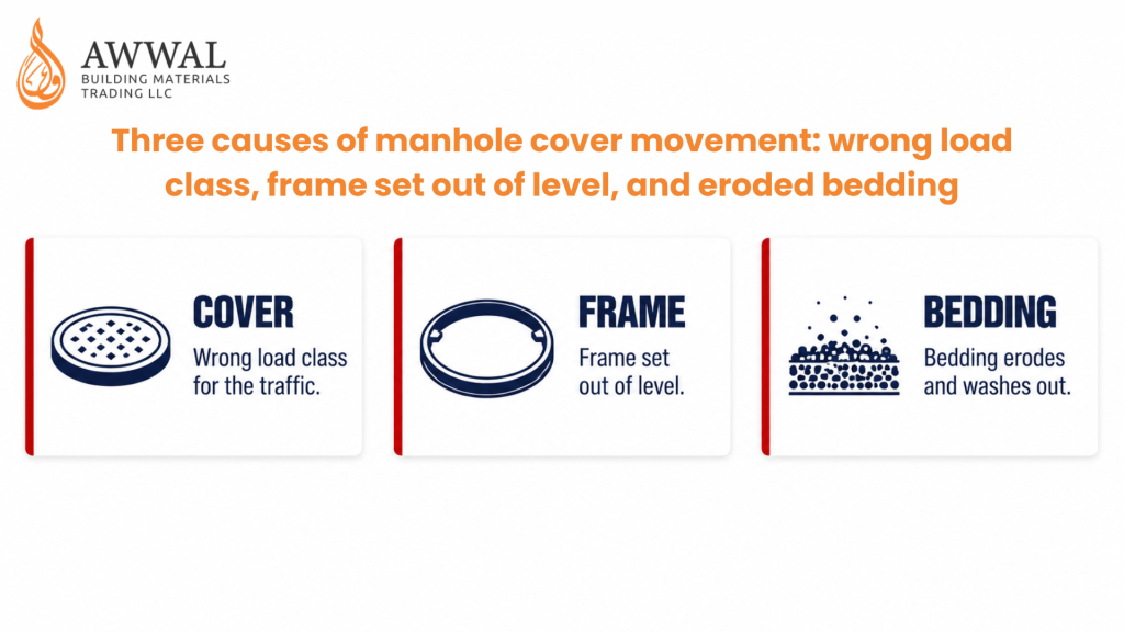 Three causes of manhole cover movement: wrong load class, frame set out of level, and settled or eroded bedding