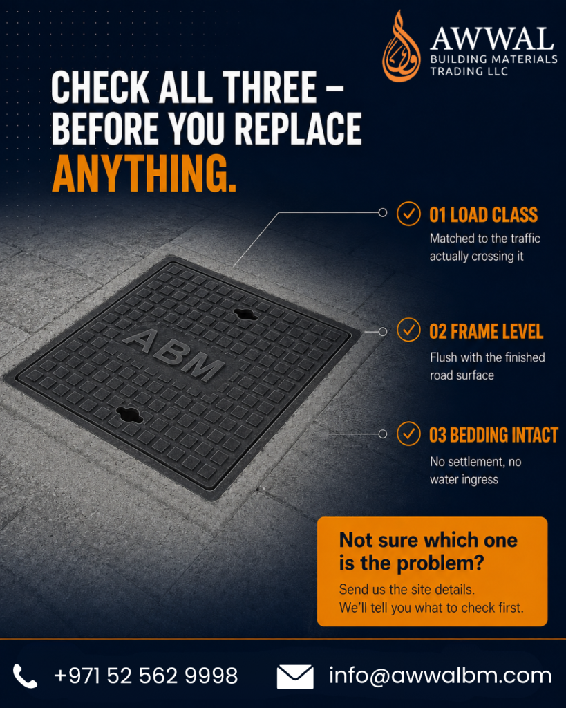 Correctly assembled manhole cover, frame and bedding with load class, frame level and bedding condition verified