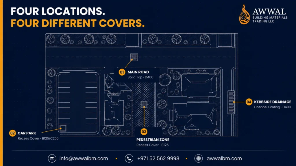 Site plan showing four different manhole cover applications on a UAE development project