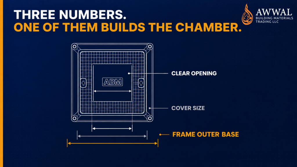 Diagram showing the difference between clear opening, cover size and frame outer base on a manhole cover