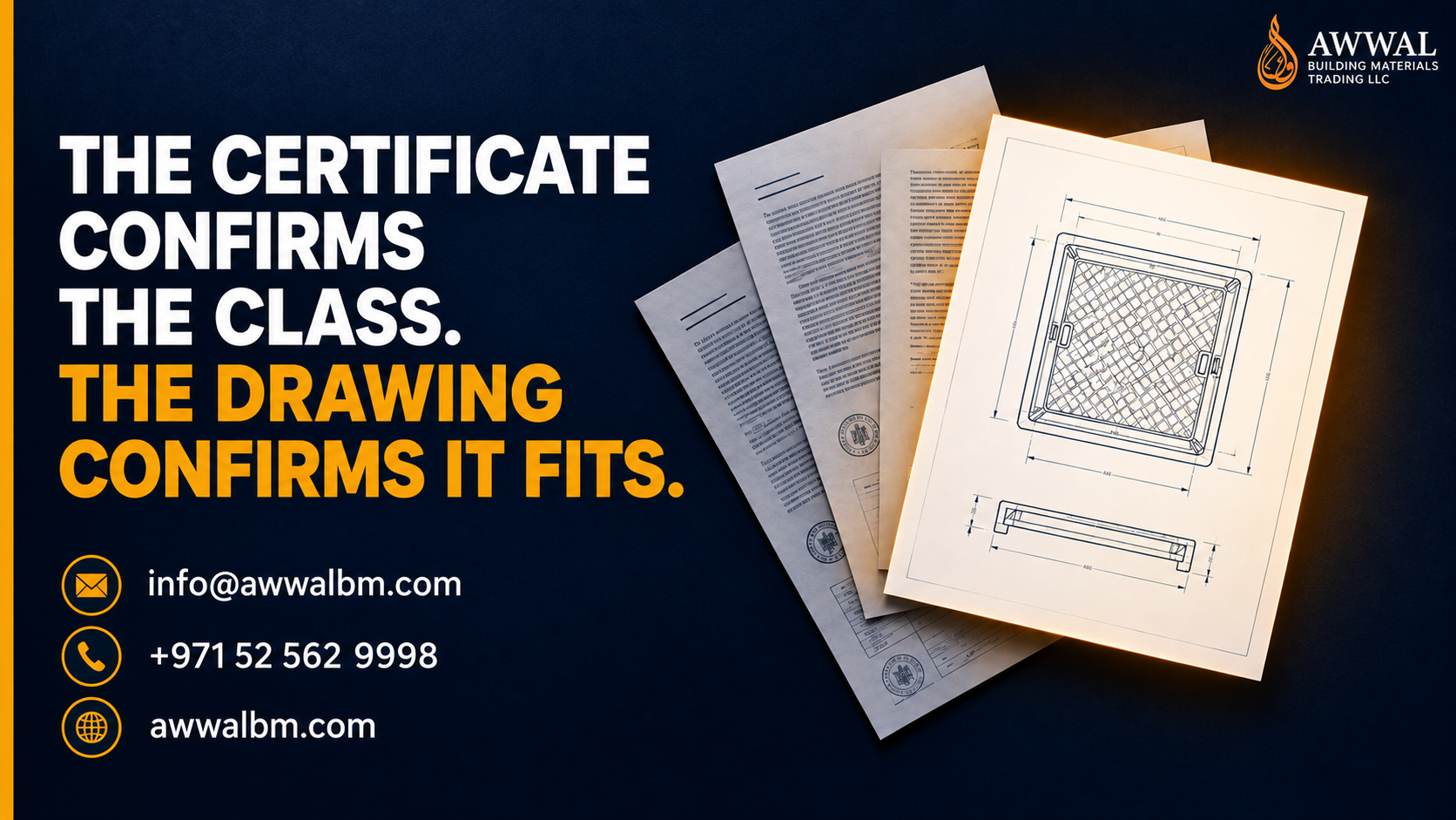 Dimensional drawings supplied alongside EN 124 certificate and ISO 9001 record before delivery